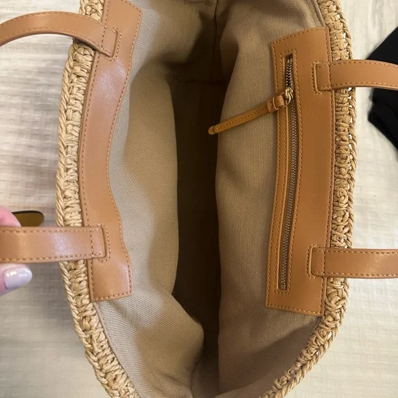 Tory Burch Tan Woven Tote with Yellow Pineapple Charm - Picture 3 of 6